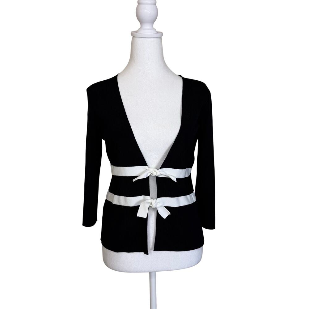 LOFT Black and White Tie Front Cardigan 3/4 Sleeve V-Neck Medium Petite